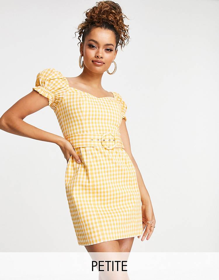 Ever New Petite puff sleeve belted mini dress in amber gingham